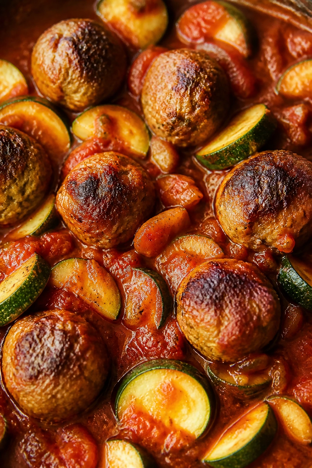 Close-up of turkey meatballs with zucchini and marinara on a plate