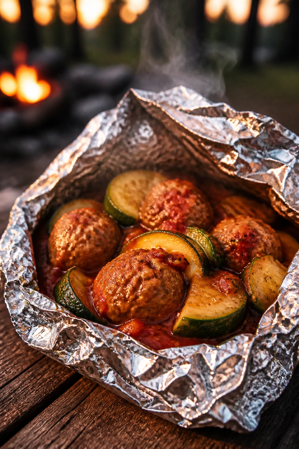 Close-up of foil packet with turkey meatballs and zucchini in marinara, camping setting