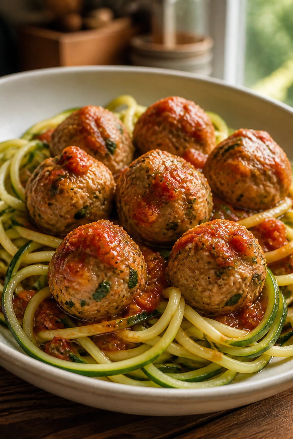 Close-up of turkey meatballs with zucchini noodles in marinara on a wooden counter