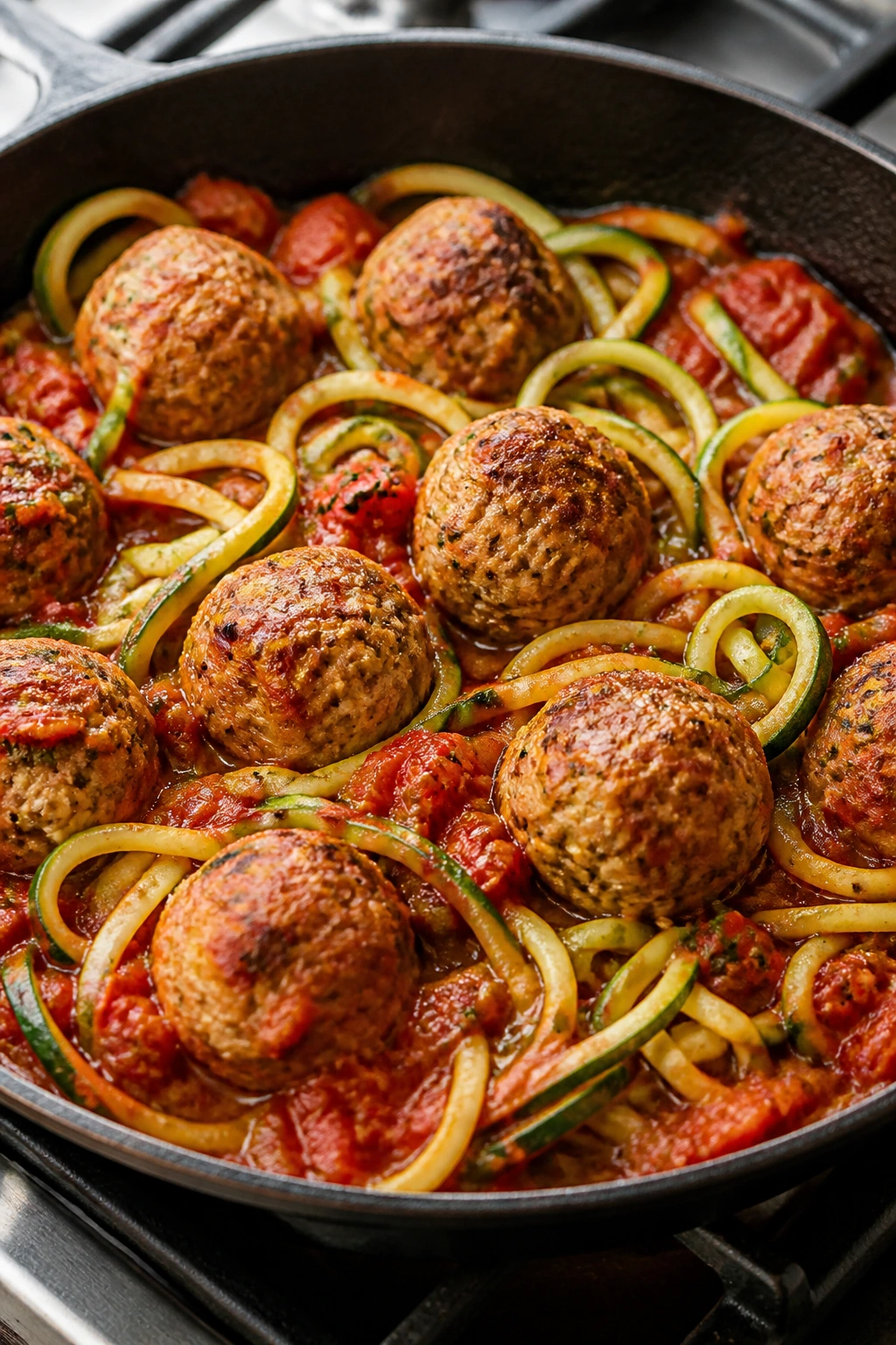 Turkey meatballs with tomato sauce and zucchini noodles in a skillet