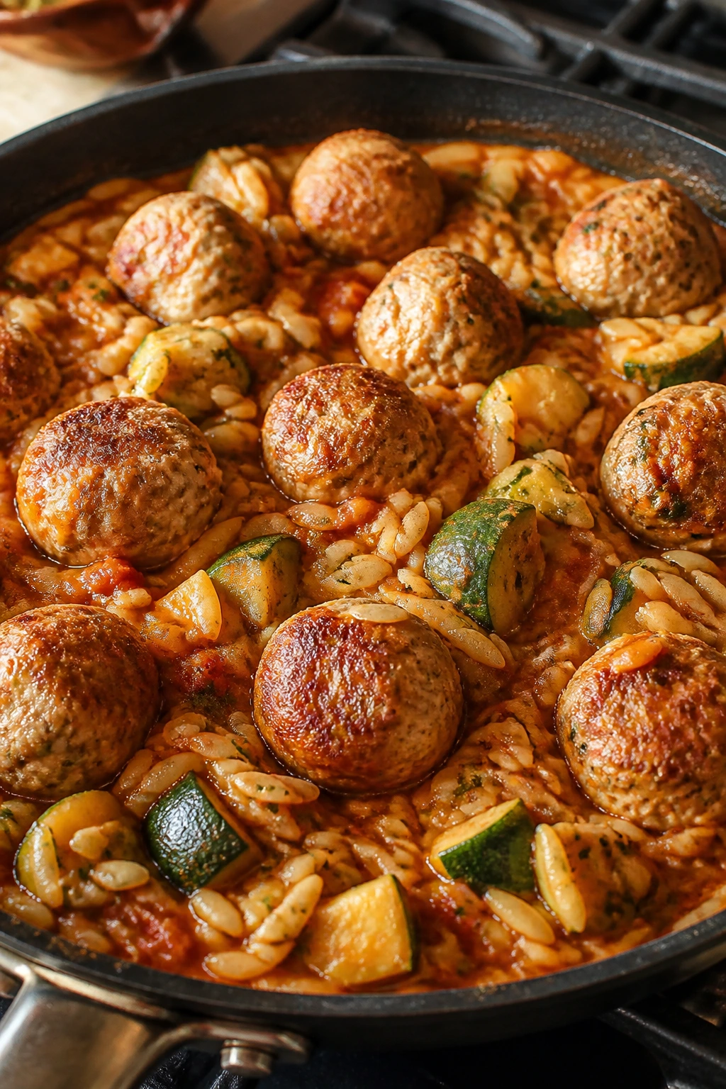 Skillet with turkey meatballs zucchini and orzo in marinara sauce
