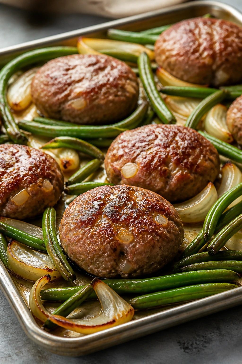 Close-up of turkey meatloaf patties with green beans and onions on a sheet pan