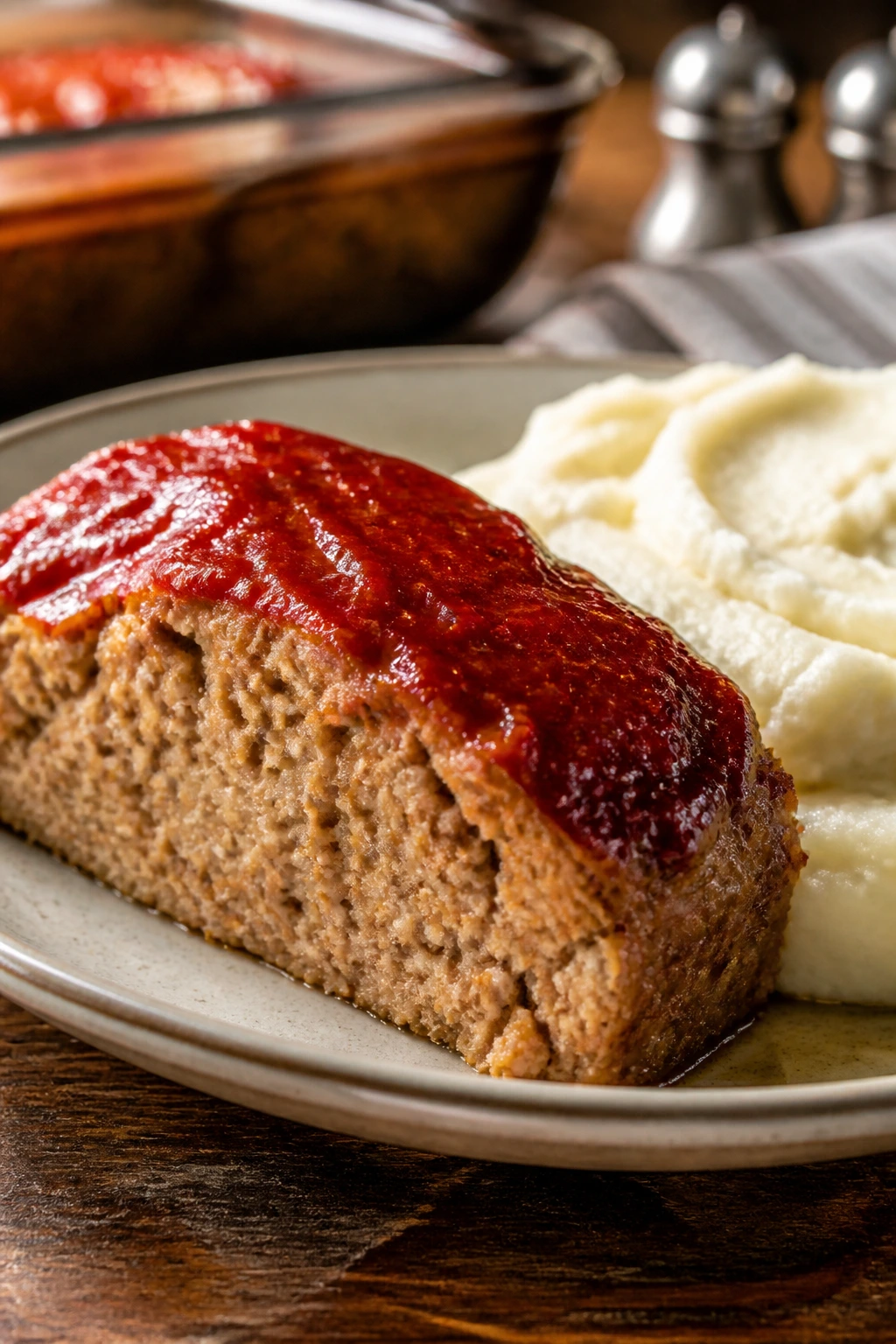 Close-up of turkey meatloaf with mashed potatoes on a plate