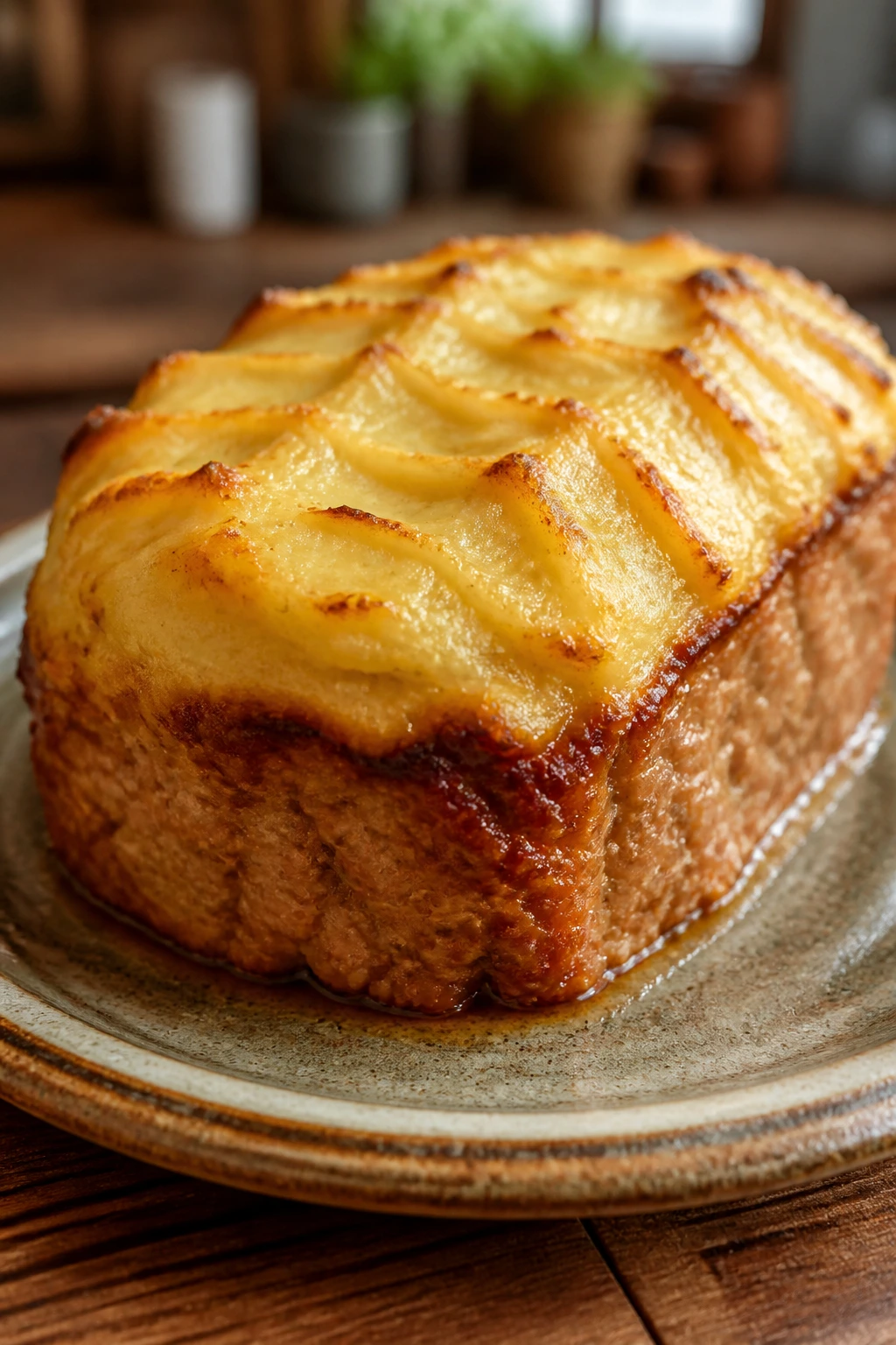 Close-up of turkey meatloaf with potato topping on rustic plate in warm kitchen light