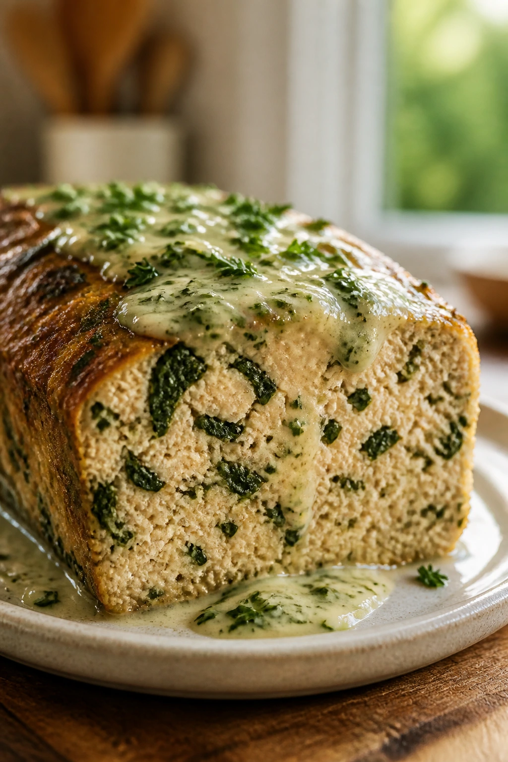 Turkey spinach meatloaf slice with herb sauce on counter