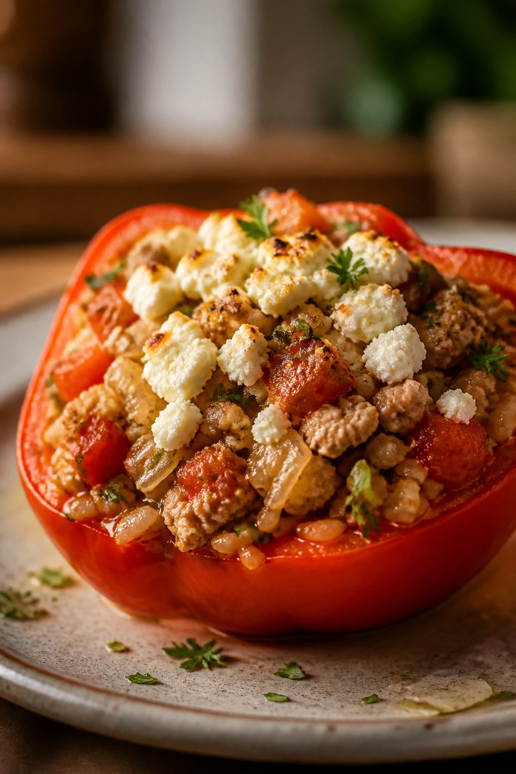 Turkey-stuffed bell pepper with feta and brown rice