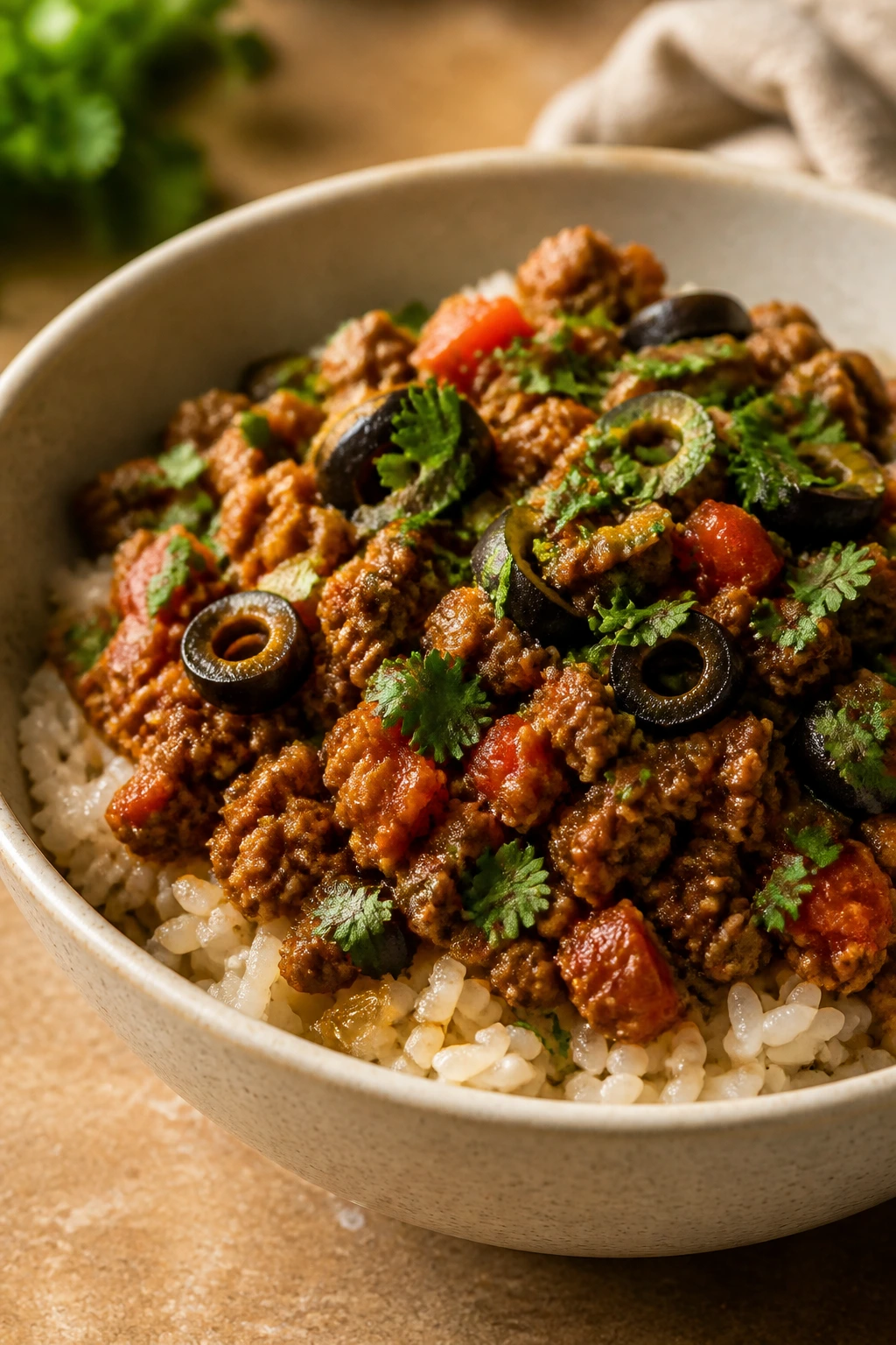 Close-up of a turkey picadillo burrito bowl with olives and tomatoes over rice