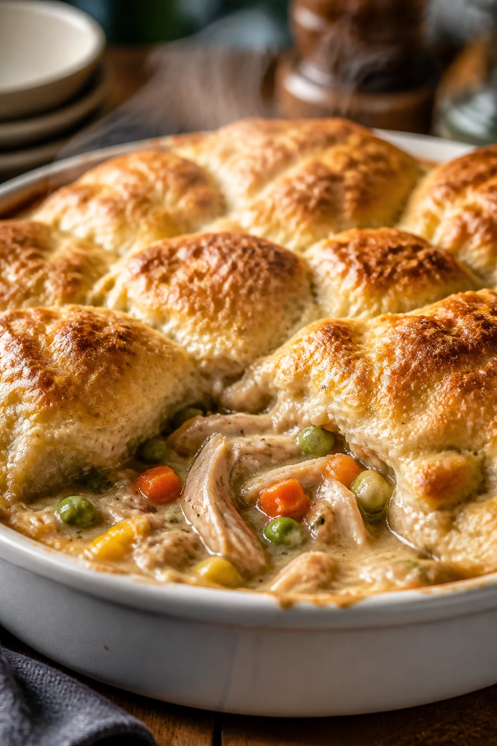 Bronzed biscuit-topped turkey pot pie in a baking dish.