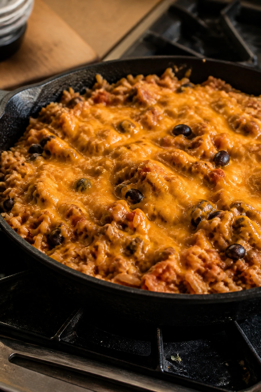 Close-up of Turkey Taco Skillet with Rice and Cheese showing turkey, rice, salsa, and melted cheese