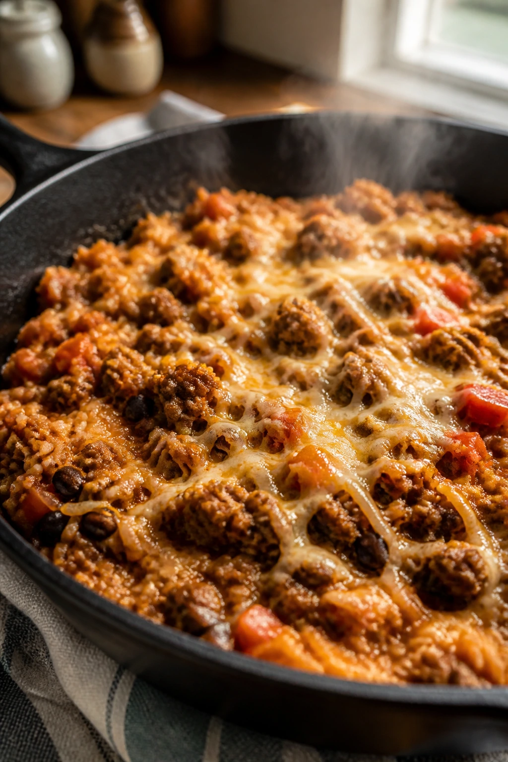 Close-up of turkey, rice, and beans in a skillet with melted cheese