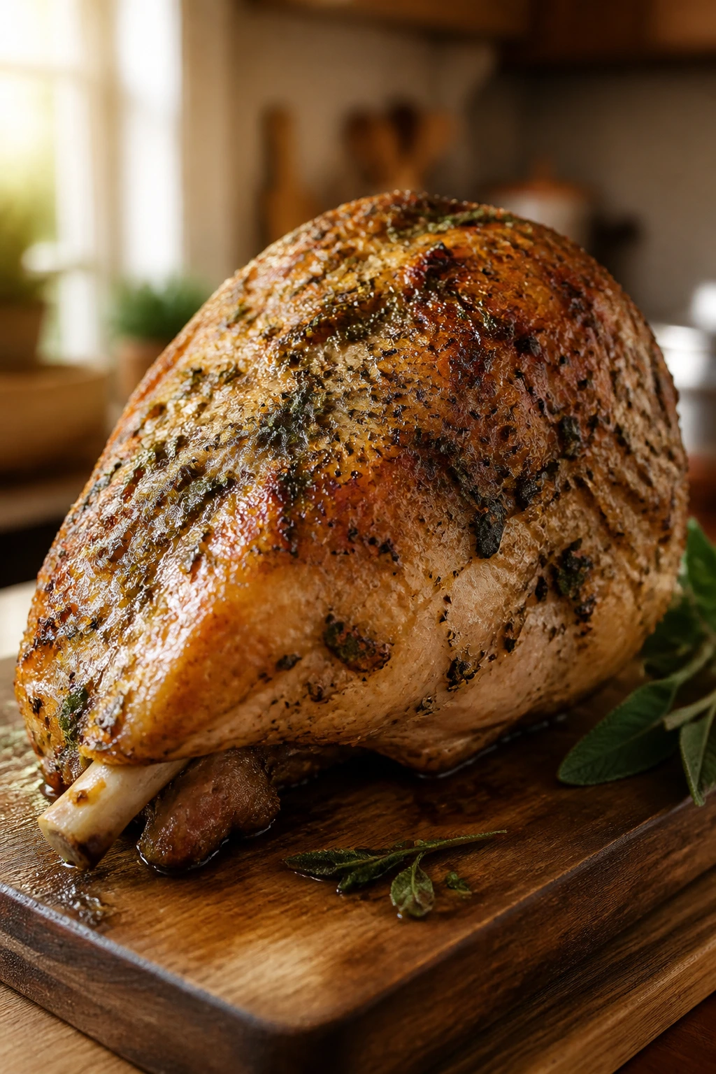 Roasted sage-butter turkey breast on a cutting board