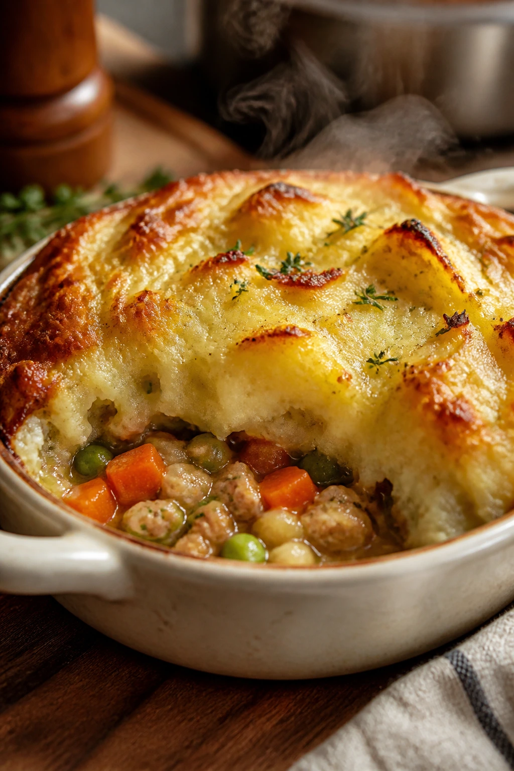 Close-up of turkey shepherd's pie with mashed potato topping