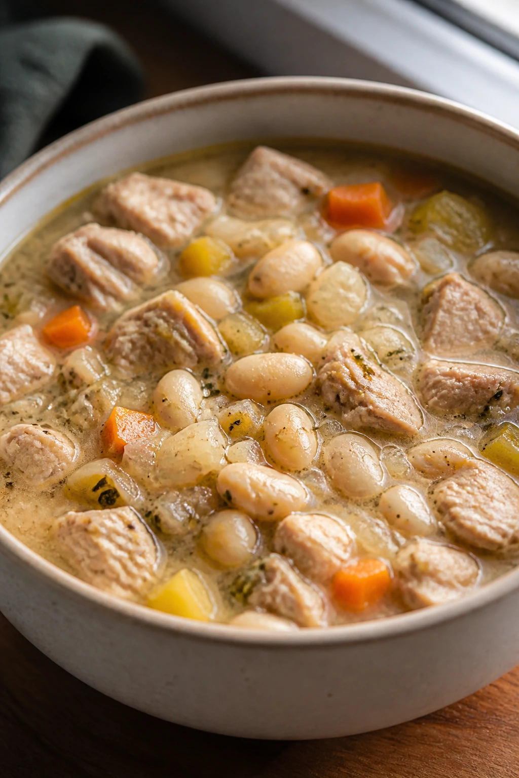 Close-up of Turkey and White Bean Stew with turkey chunks and white beans in creamy broth.