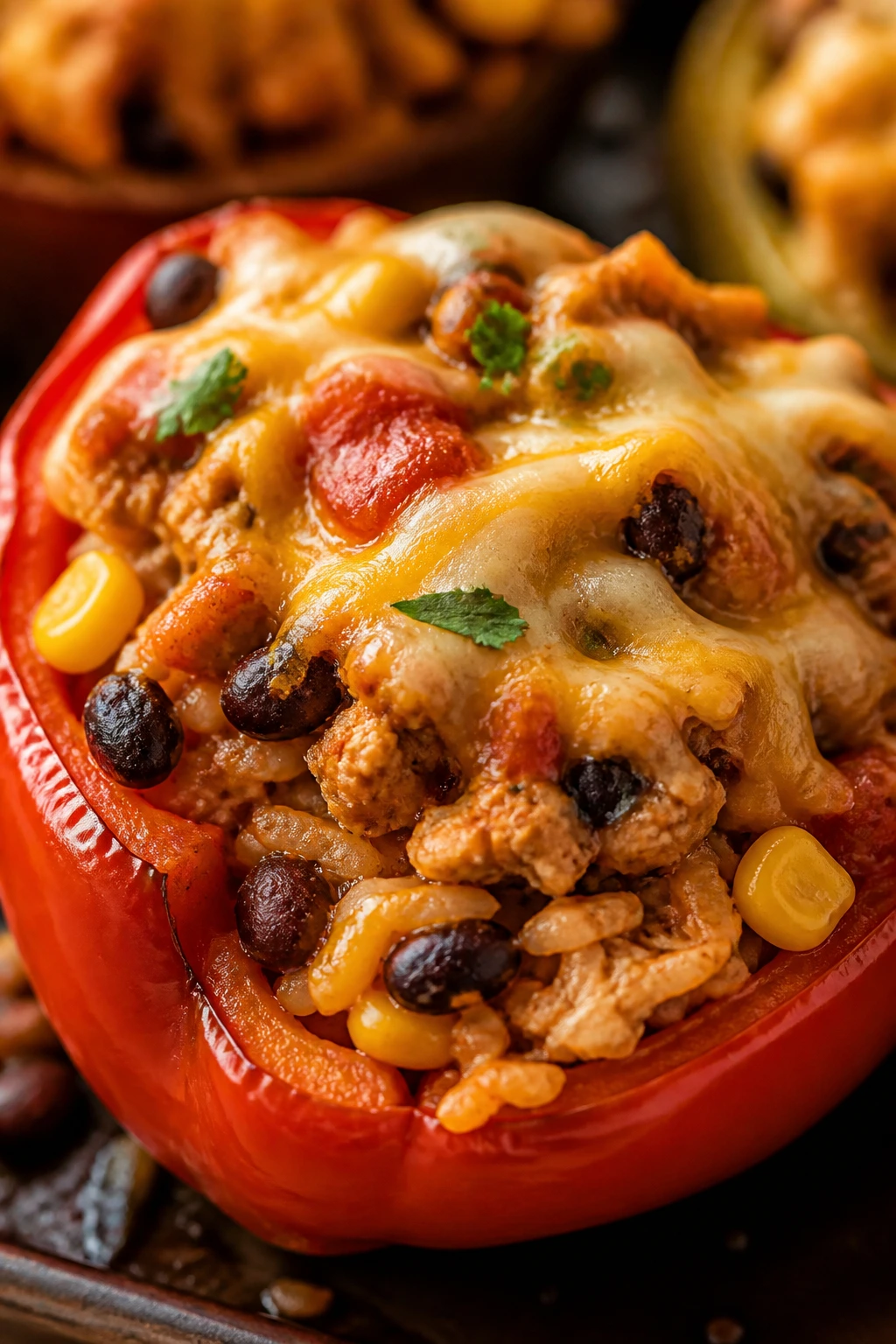 Close-up of a stuffed bell pepper half with turkey, rice, beans, salsa, corn, and melted cheese