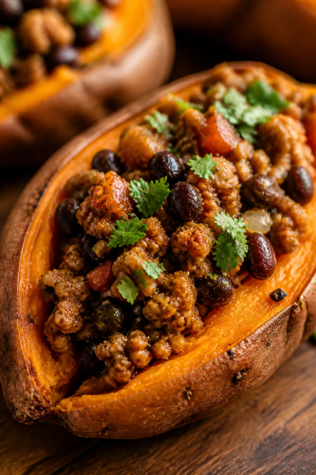Halved baked sweet potato filled with turkey and black beans