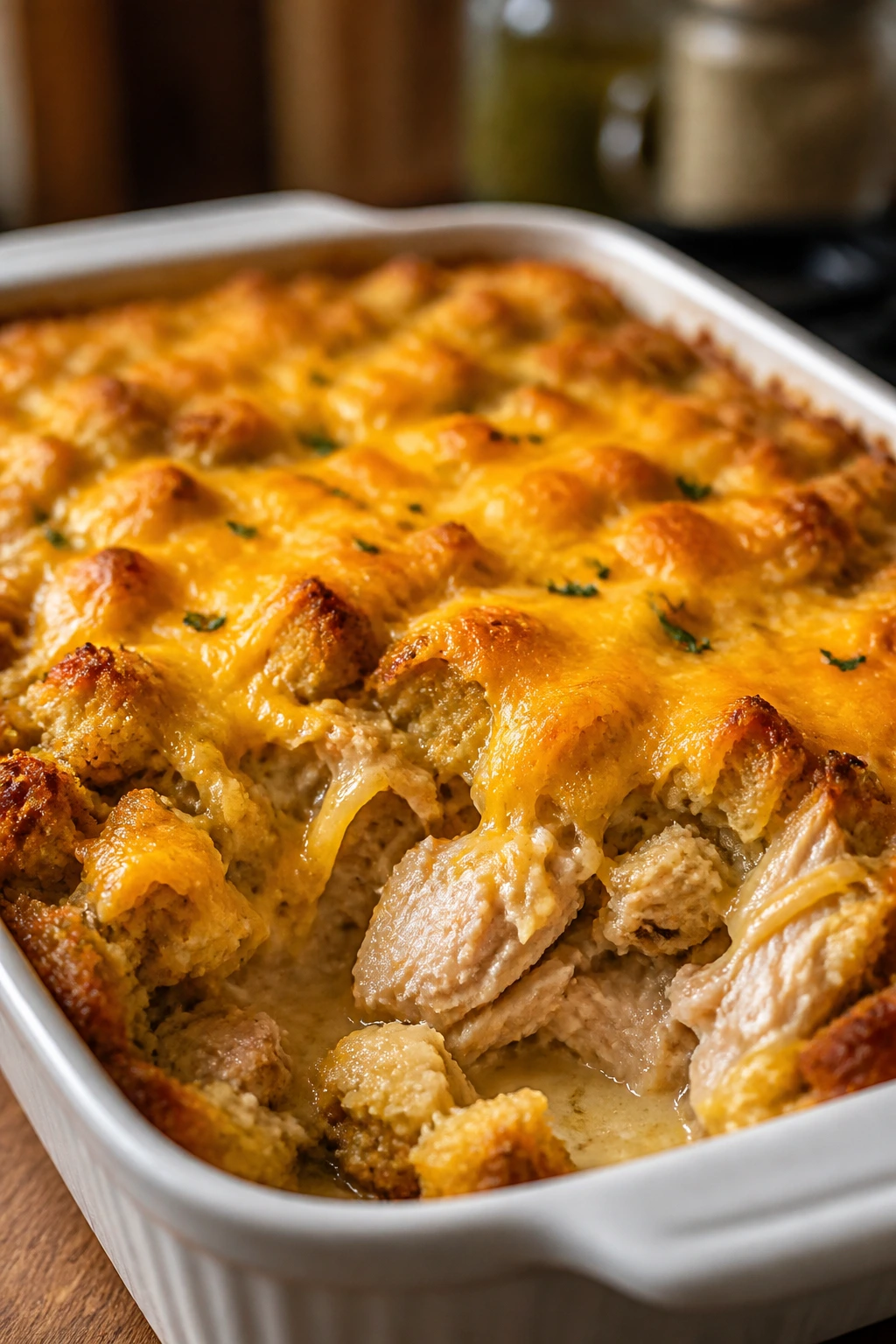 Close-up of turkey stuffing casserole with melted cheese on top