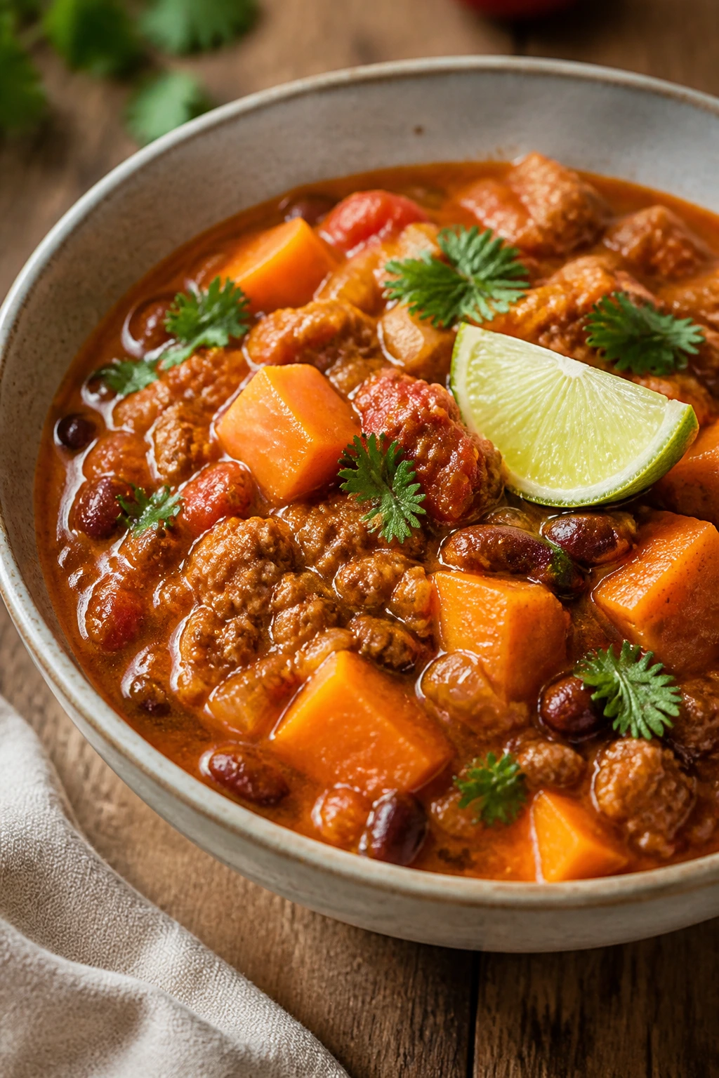 Turkey and sweet potato chili in a bowl