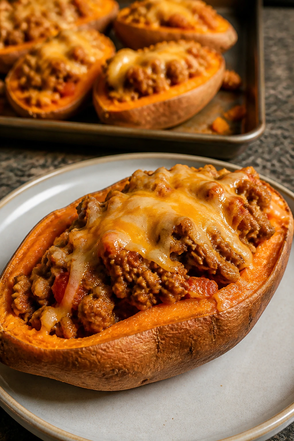 Halved baked sweet potatoes filled with turkey taco mixture and cheese