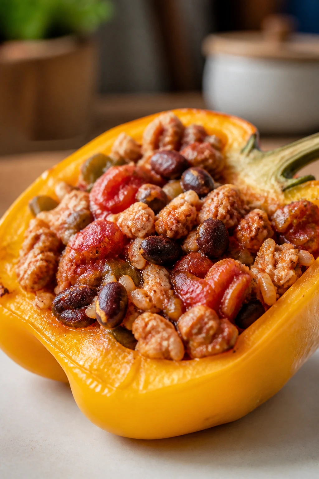 Turkey taco stuffed pepper half on a warm kitchen surface
