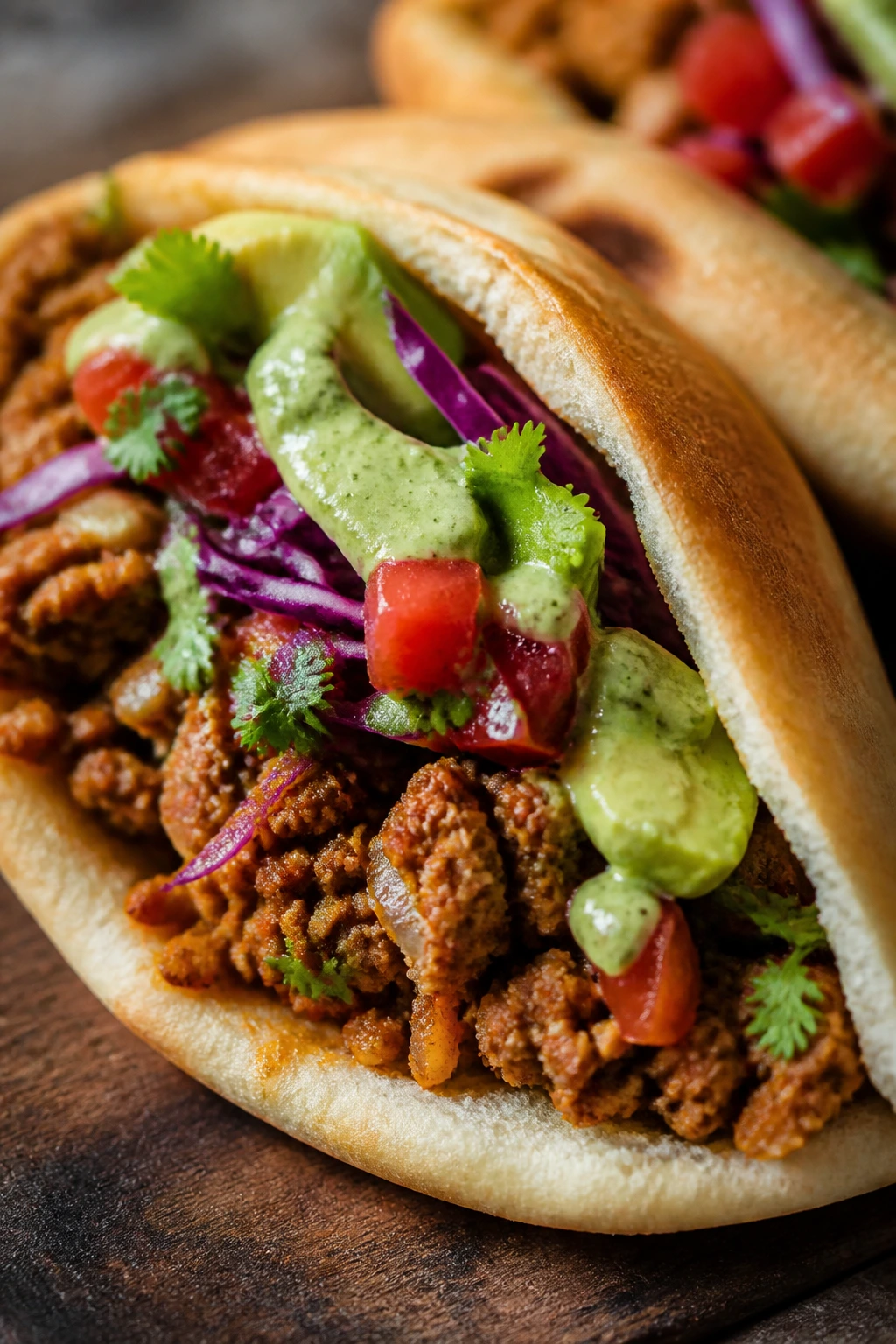 Close-up of turkey taco pita with cabbage salsa and avocado crema