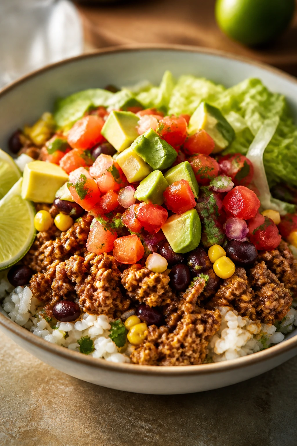Close-up of a turkey taco rice bowl with seasoned turkey, rice, corn and beans in a warm kitchen.