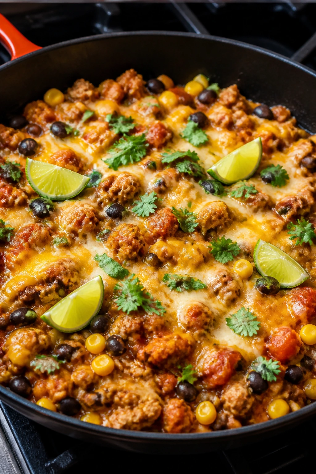 Turkey taco skillet with colorful fillings in a pan.