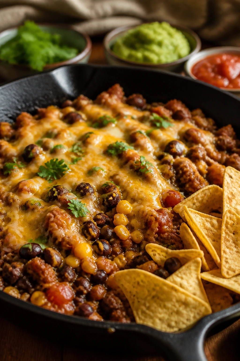 Close-up of turkey taco skillet with beans, corn, salsa and melted cheese, tortilla chips