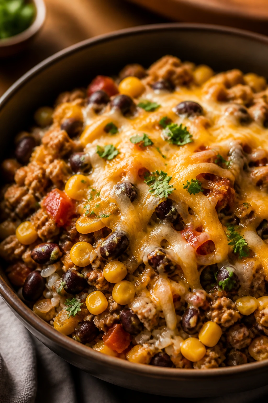 Turkey taco skillet bowls with beans, corn, and rice.