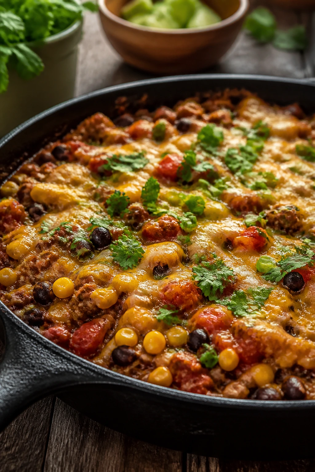 Close-up of a turkey taco skillet with beans, corn, salsa and cheese in a cast-iron pan.