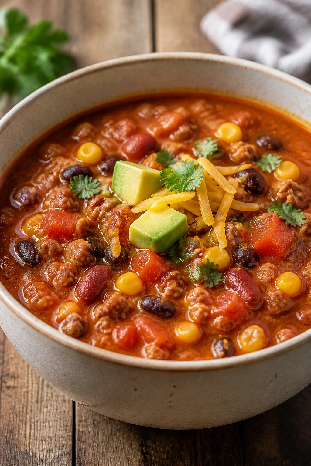 Bowl of turkey taco soup with beans and corn