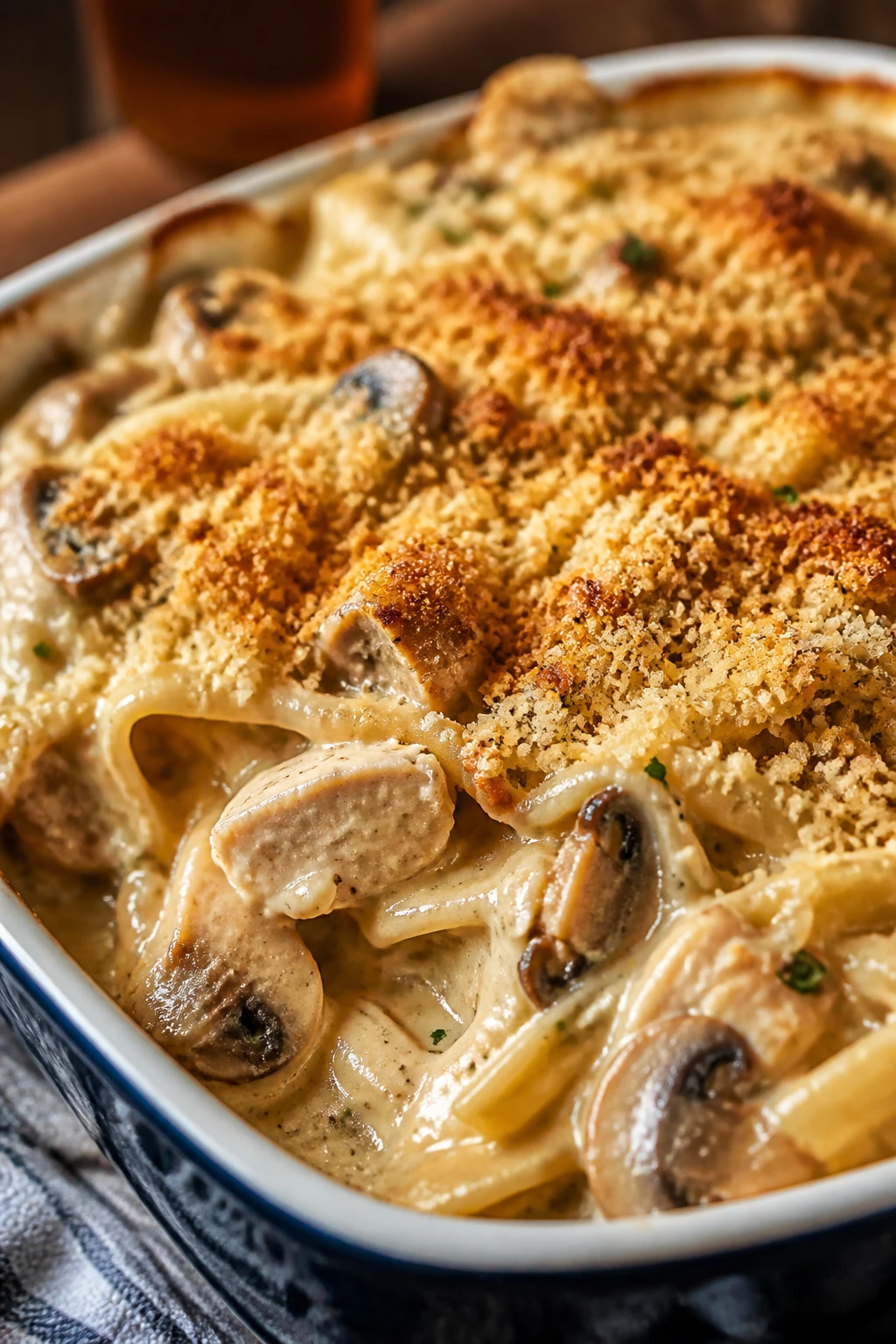 Creamy turkey tetrazzini with mushrooms and breadcrumb topping