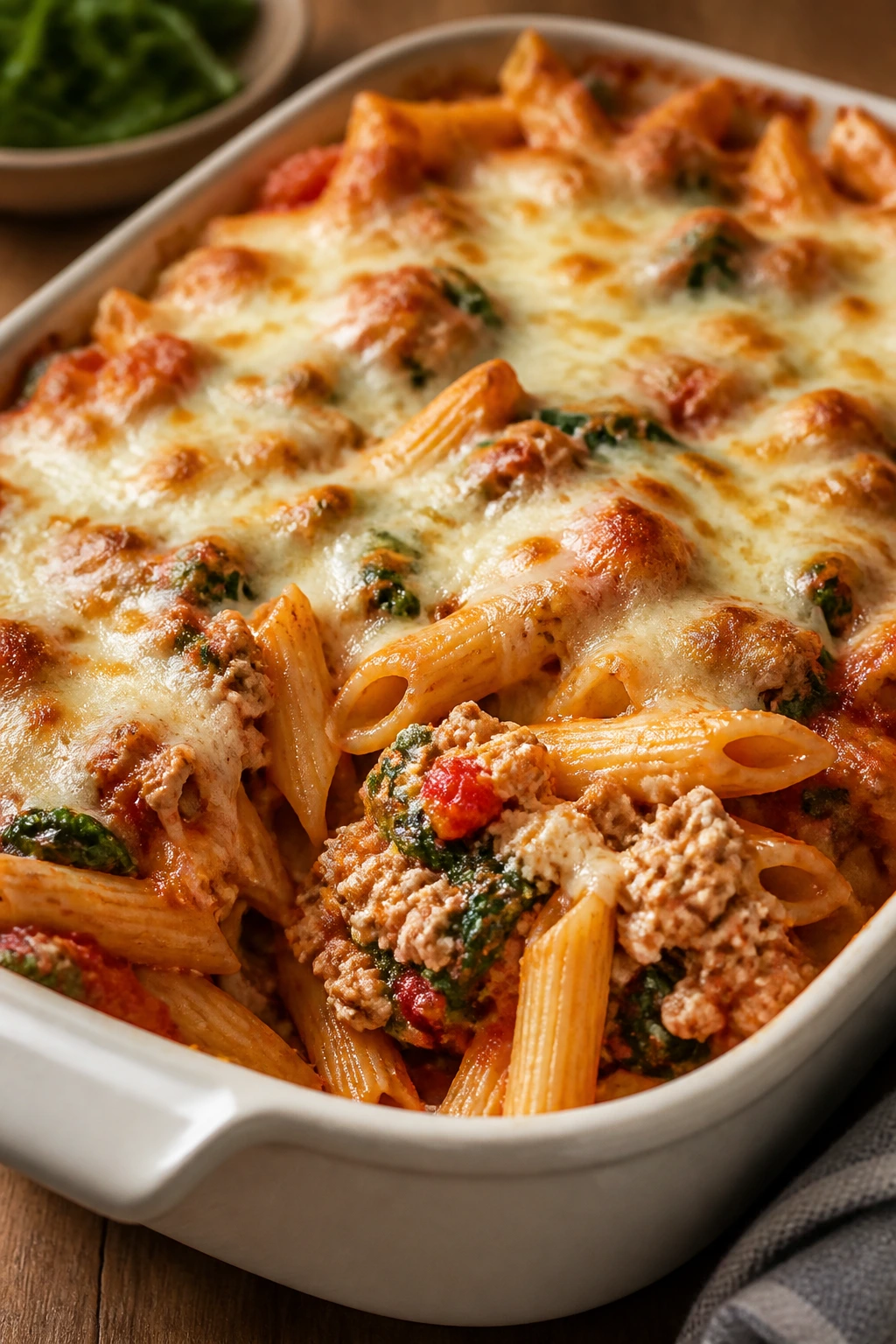 Penne bake in tomato sauce with ricotta and spinach