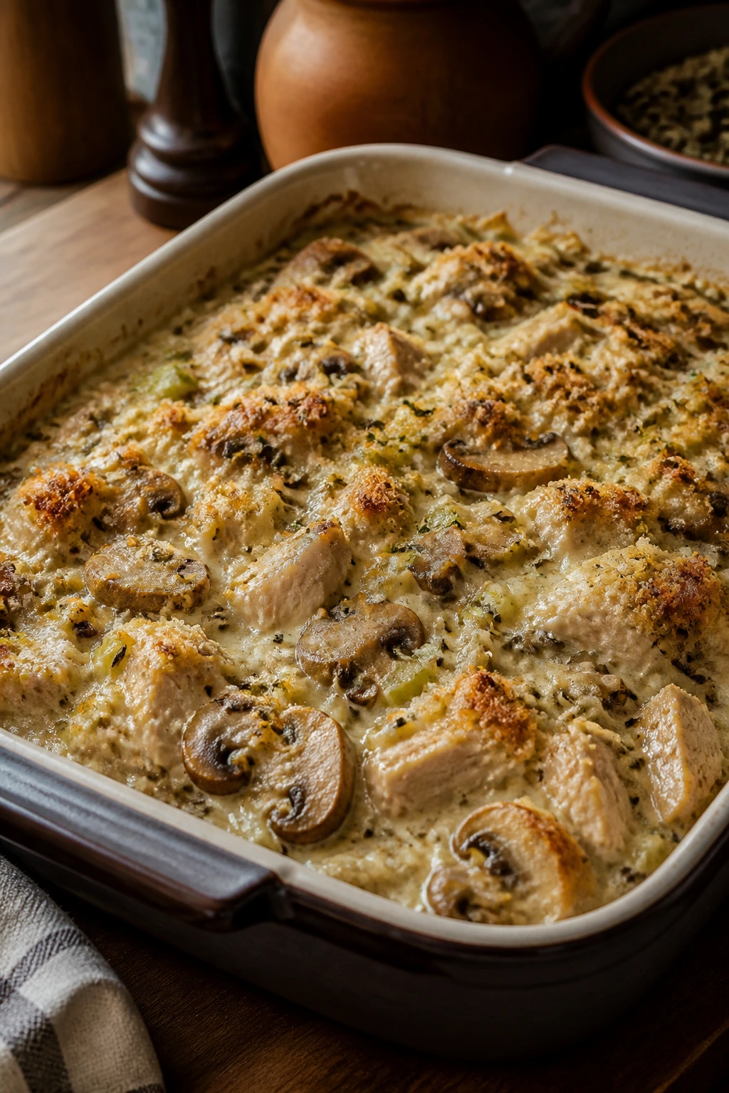 Close-up of Turkey and Wild Rice Casserole in a baking dish