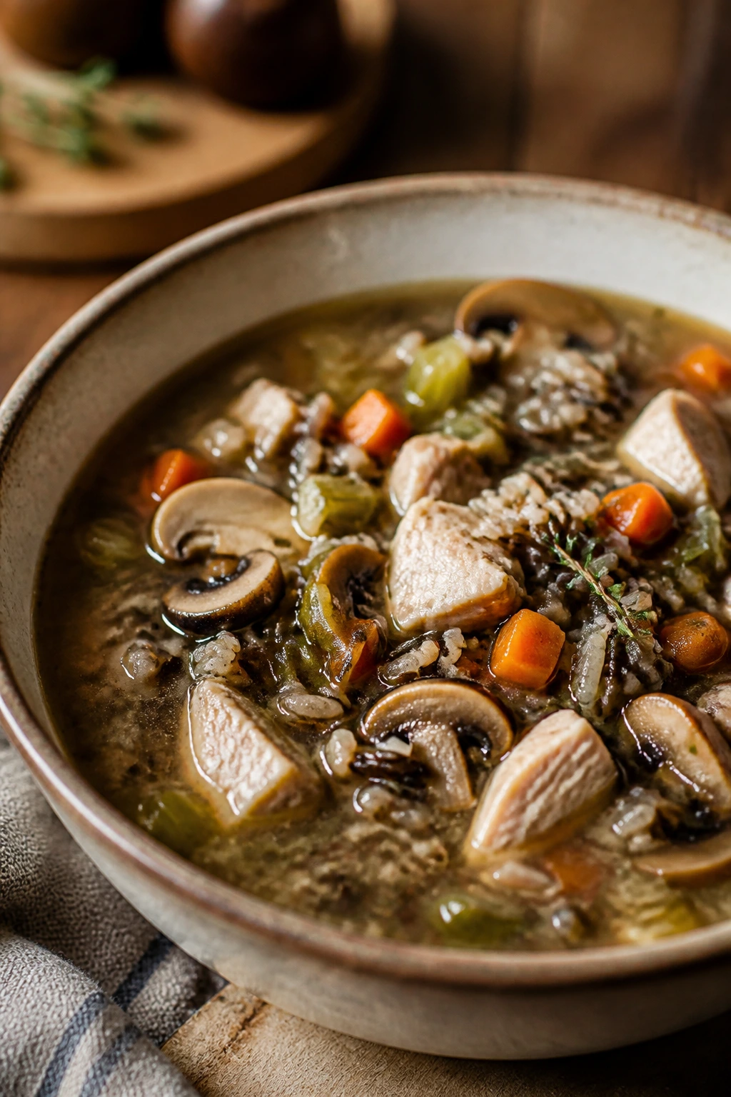 Close-up of turkey and wild rice soup in a bowl