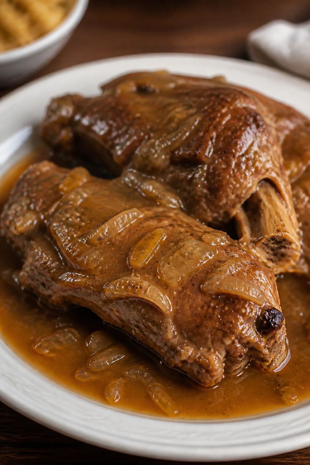 Close-up of turkey wing in brown gravy on plate