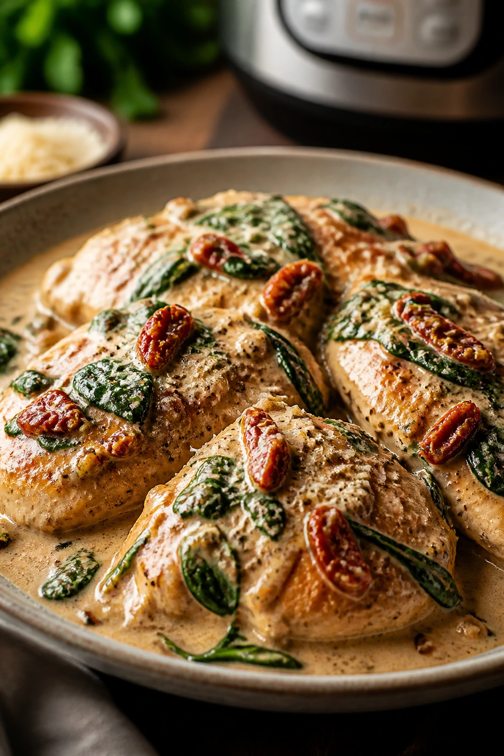 Creamy Tuscan chicken with sun-dried tomatoes and spinach on plate