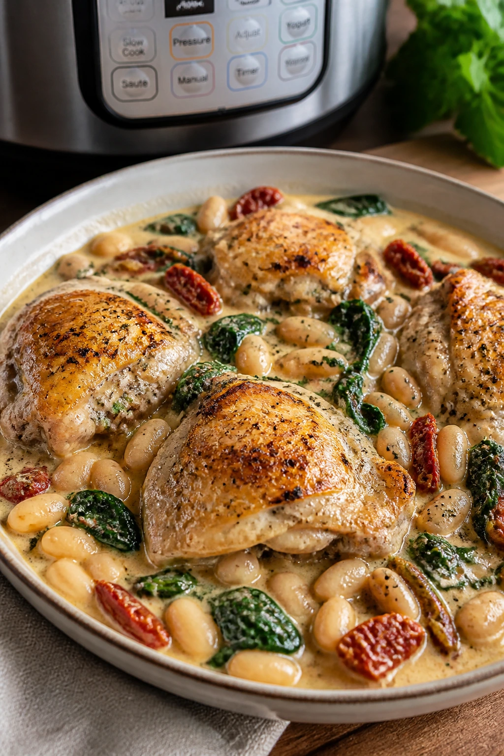Creamy Tuscan chicken with white beans and spinach in a bowl