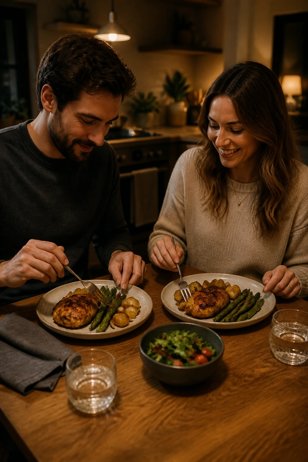 Couple sharing a small two-person dinner at a cozy table.