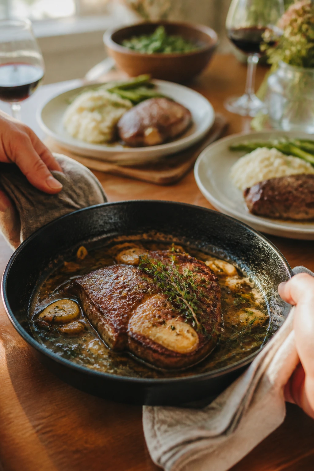 Close-up of a pan sauce in a small skillet with two hands framing the dish for a two-person dinner.