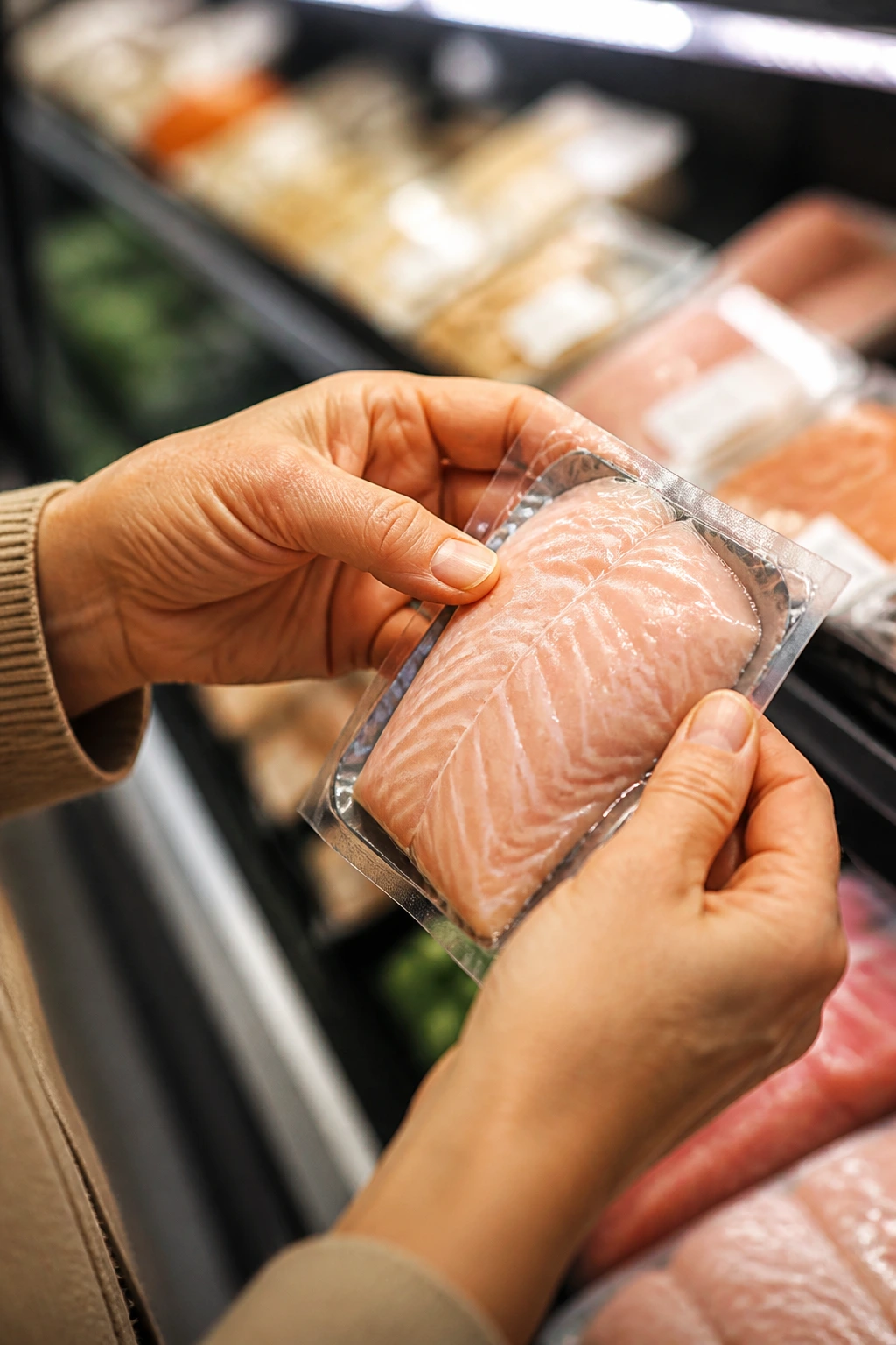 Two hands holding a small protein package in a grocery store, illustrating portion control for two.