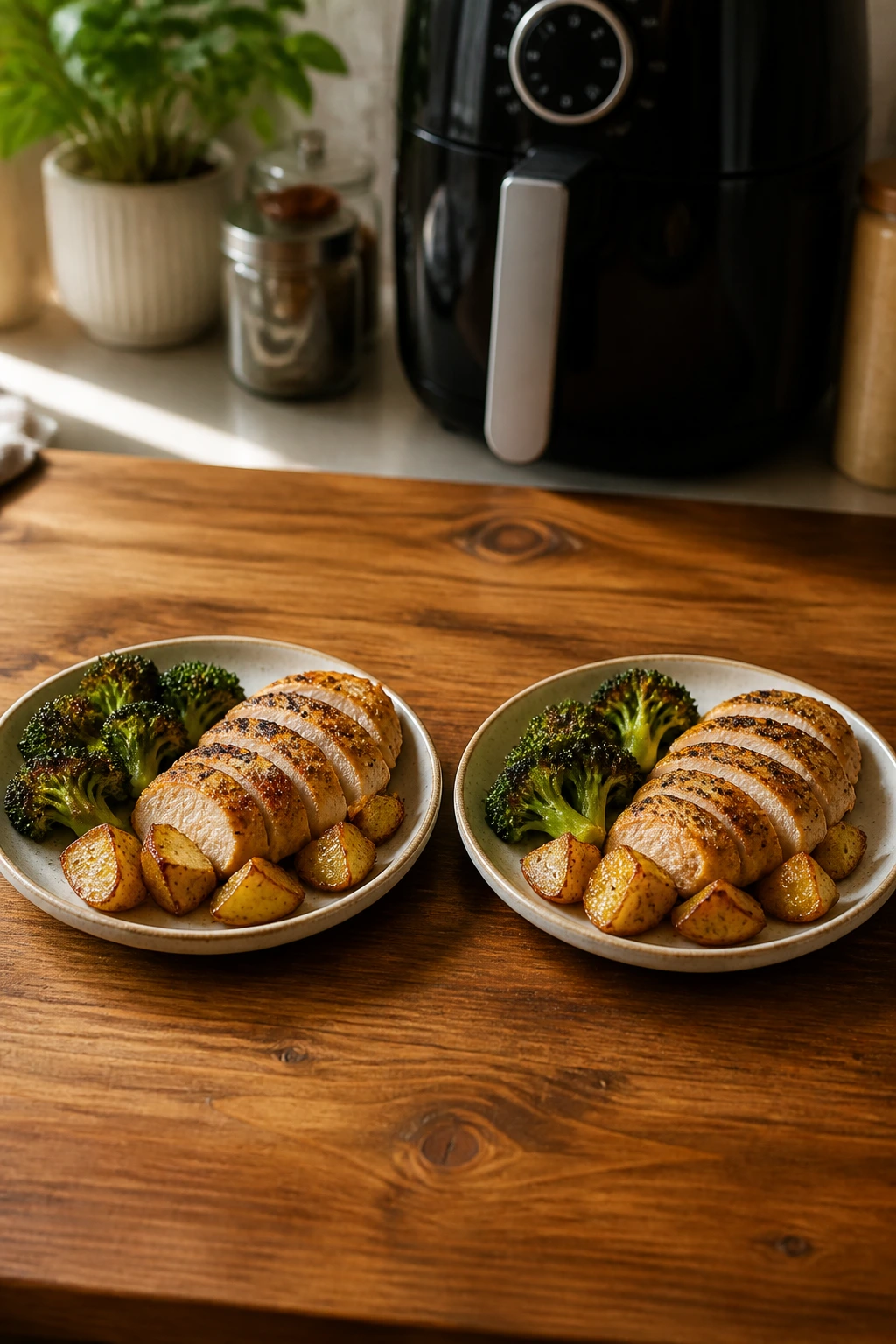 Two plates with perfectly browned air-fried bites for two