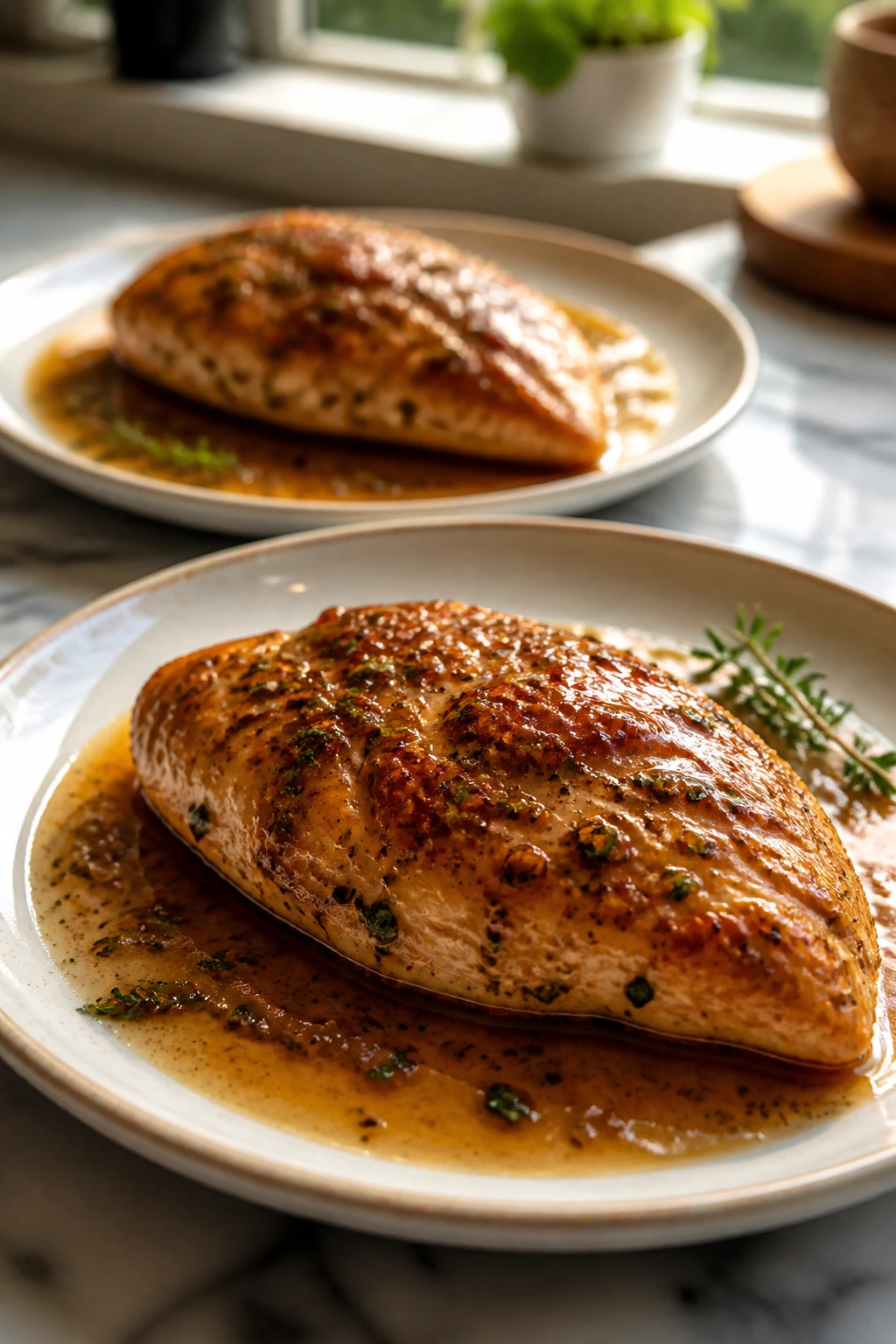 Close up of two plates with seared boneless chicken breasts and sauce on a kitchen counter