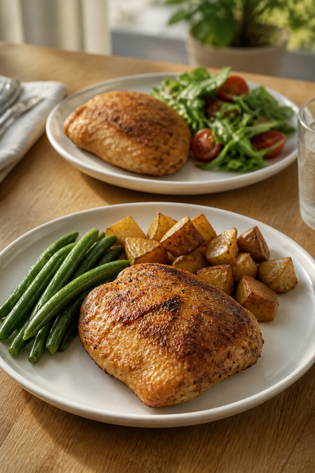 Two plated air fryer dinners ready to serve on a warm table