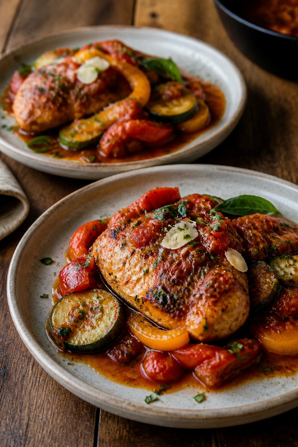 Close-up of two plates with saucy skillet dinner on a rustic wooden table