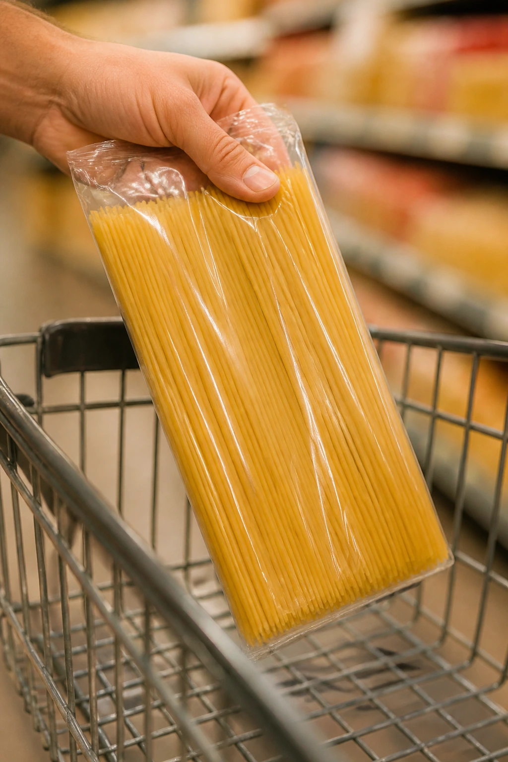 Hand placing an unbranded bag of pasta into a shopping cart