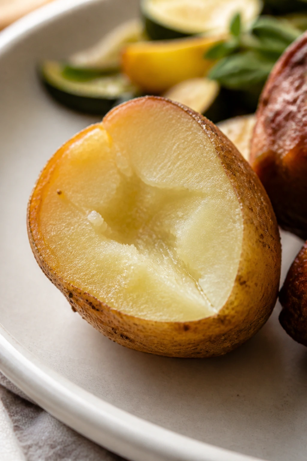 Cross-section of an undercooked potato showing a firm center on a plate