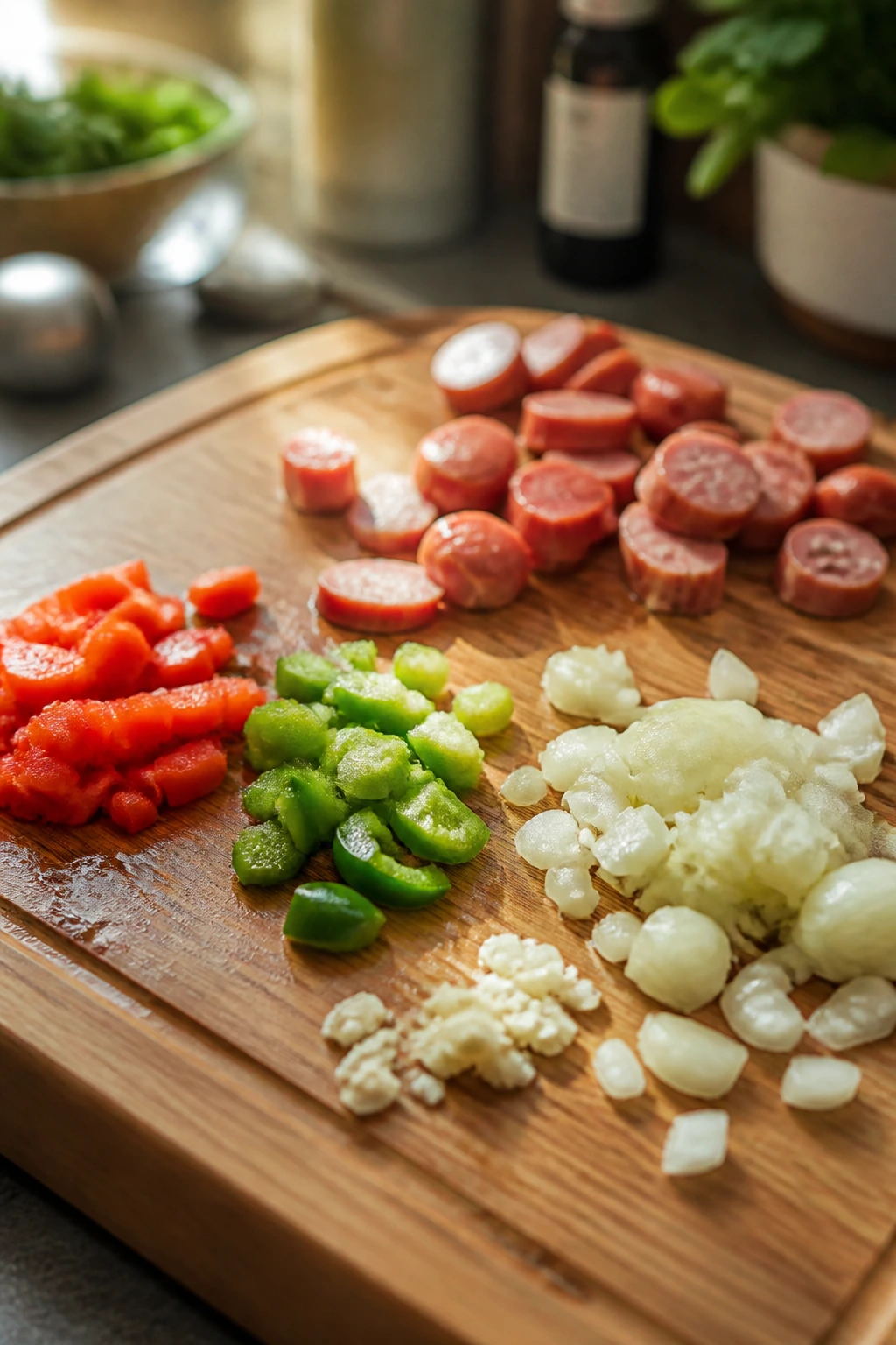 Close-up of a cutting board with unevenly chopped ingredients illustrating common weeknight cooking mistakes