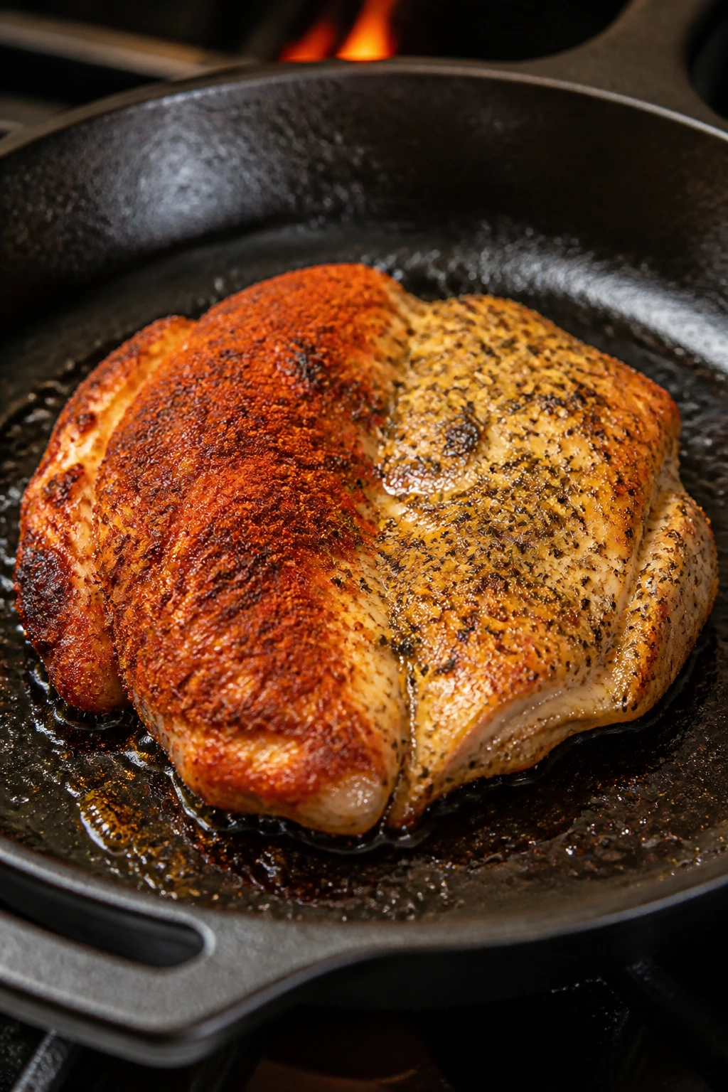 Boneless chicken half with two spice rubs in a skillet