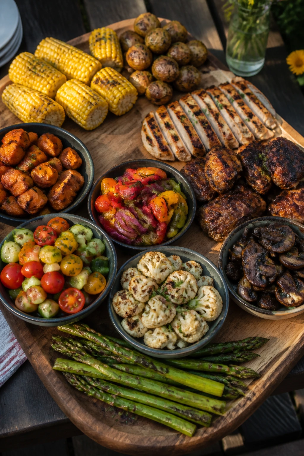Wooden board with assorted foods representing dietary variations on a backyard table.