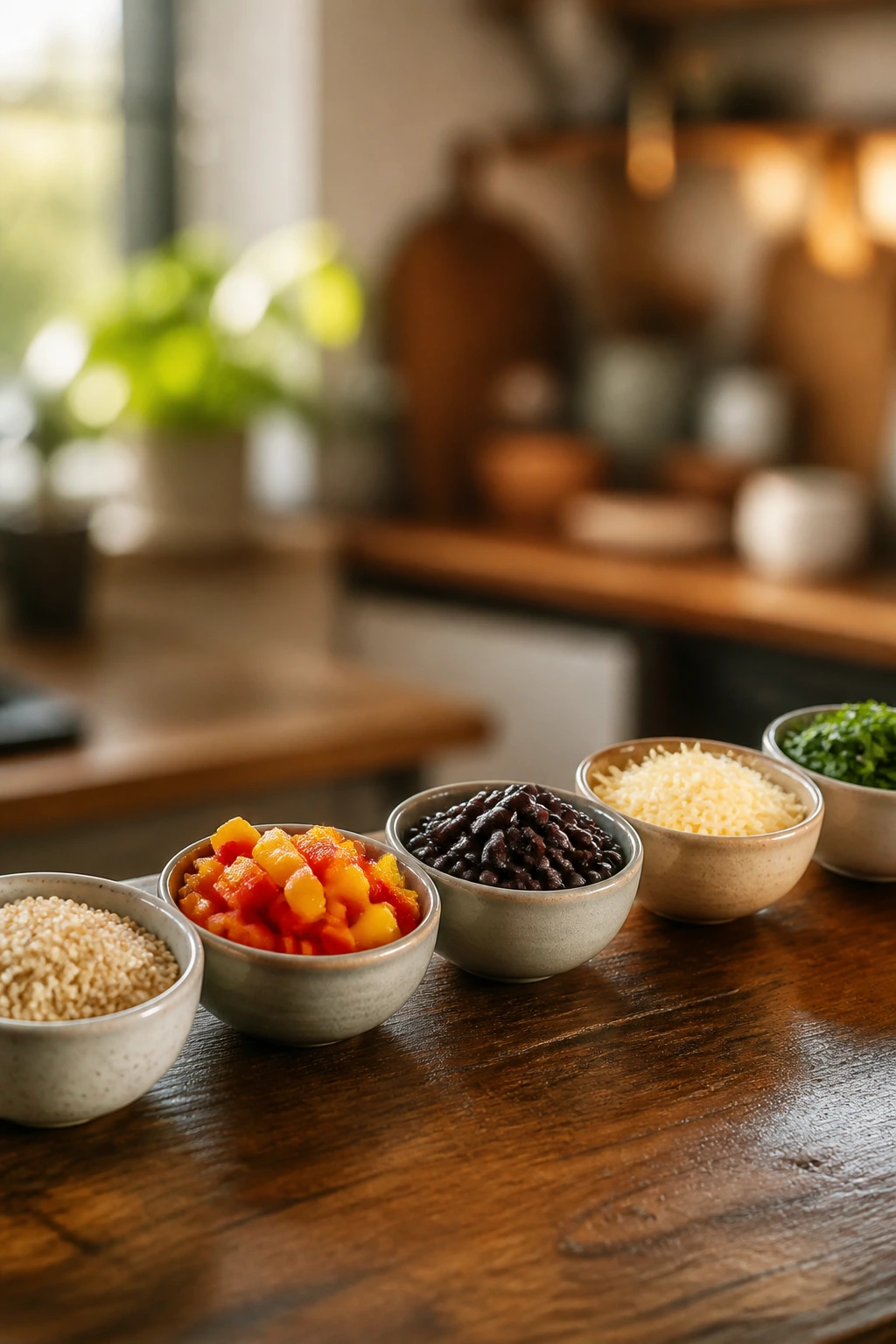 Row of five bowls with varied ingredients representing meal variations